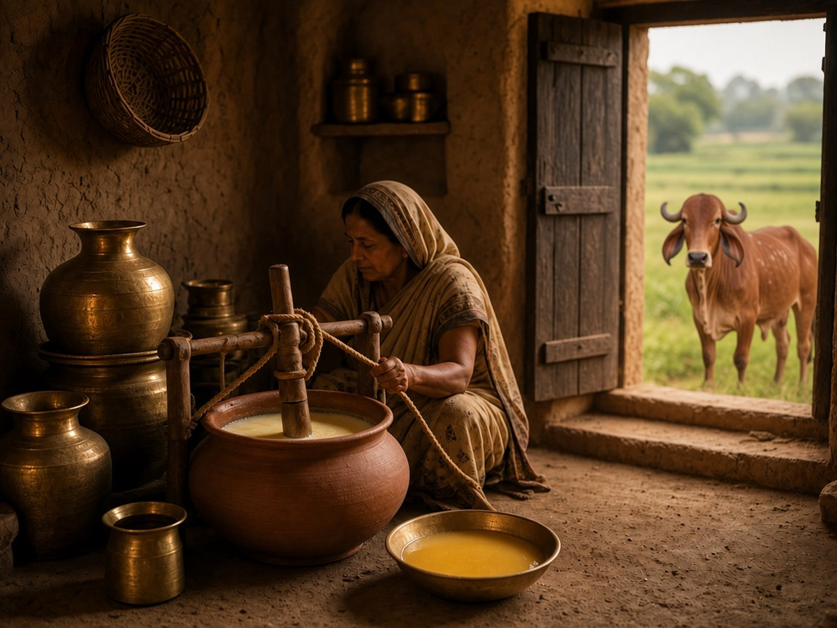 Traditional bilona churn and brass vessels in an Indian village kitchen