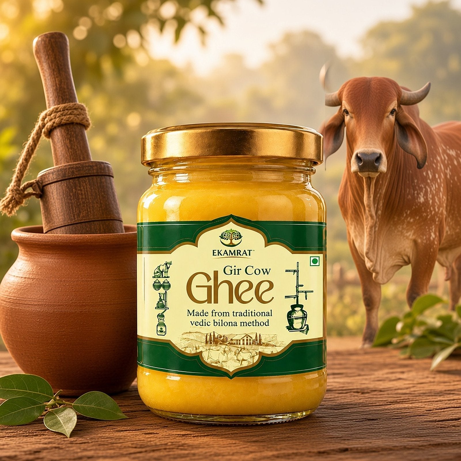 Gir cows on the farm and traditional bilona churning
