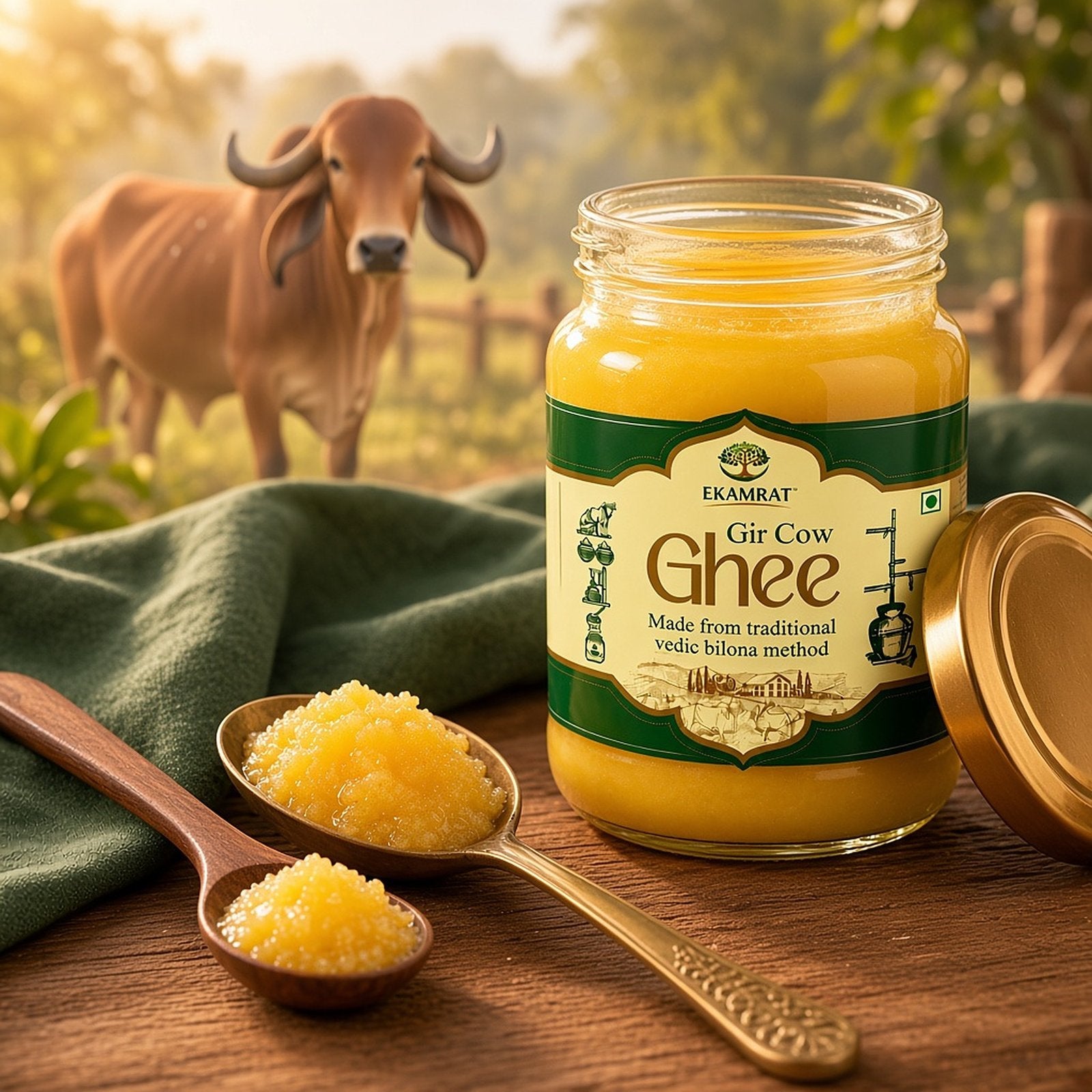Close-up of golden granular ghee